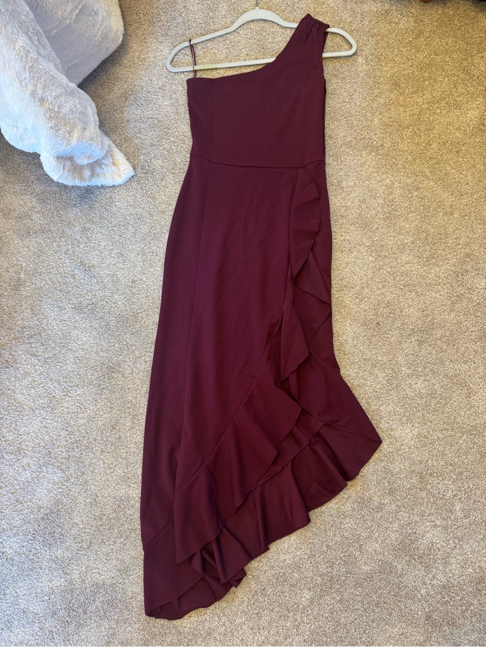 One-Shoulder Burgundy Ruffle Asymmetrical Dress